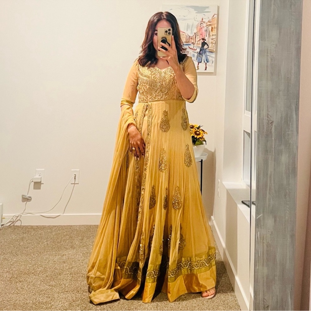 Golden Yellow Embellished Maxi Dress with Sheer Sleeves